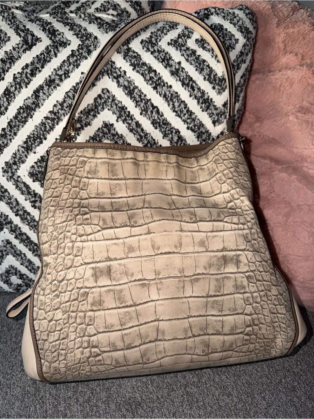 Coach Beige Croc-Embossed Canvas and Pebbled Leather Madison Shoulder Bag